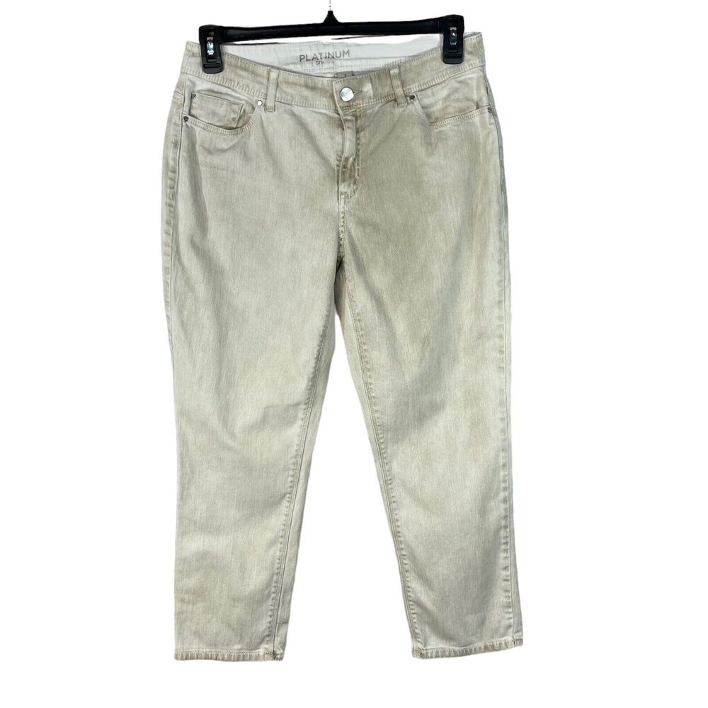 Chico’s Platinum SZ 1 (8) Crop Jeans Mid-Rise Stretch Pockets Beige Stonewash
